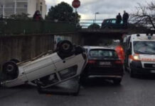 Scalea. Auto sfonda la protezione e si capovolge