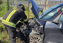 Incidente stradale. Vigili del Fuoco al lavoro. Impatto tra due auto
